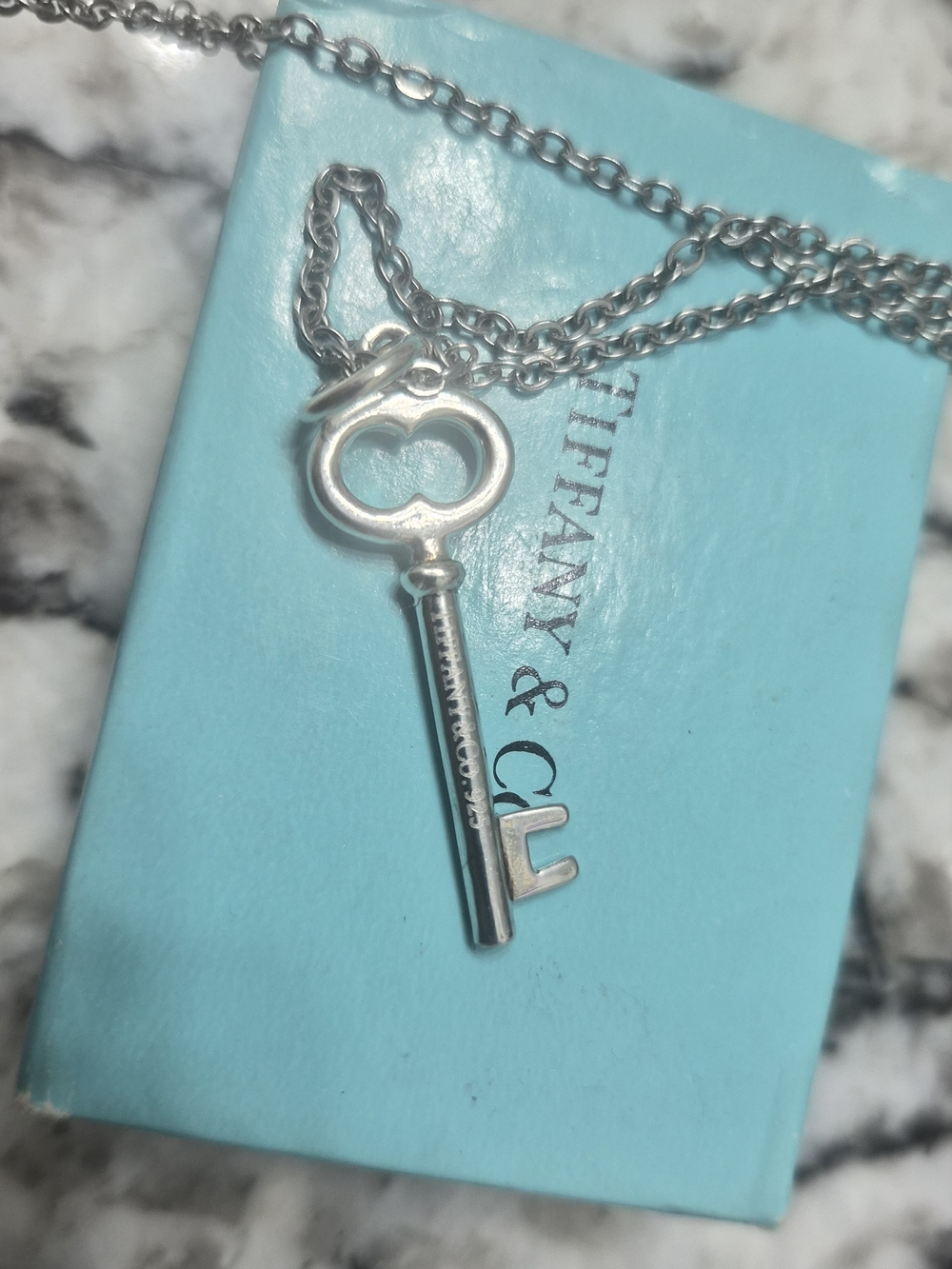 Tiffany & Co. Silver Key Pendant on Chain with Blue Box